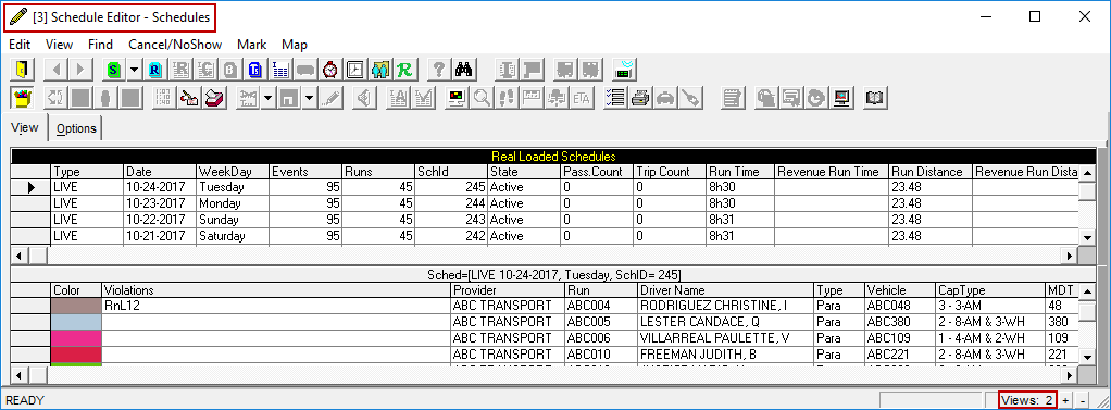 Schedule Editor's Schedules view and Runs view are visible. The instance number (3) and view name are circled in red in the upper -left corner, and the number of views in the instance is circled in red in the lower-right corner.