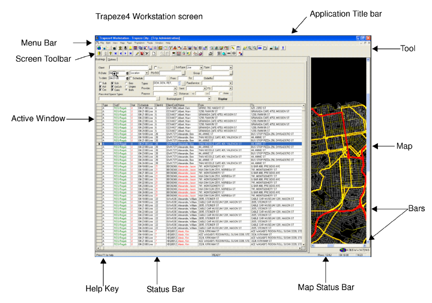 The Trapeze 4 Workstation opened to the Trip Administration Screen. There are also callouts for different components of the Workstation.