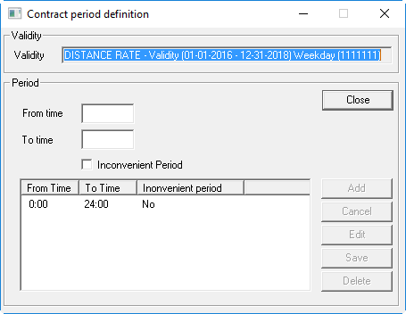 The Contract period definition dialog box showing one defined period.