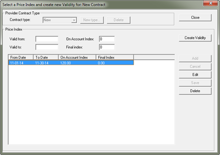 The Select a Price Index and create new Validity for:<contract name> dialog box with an