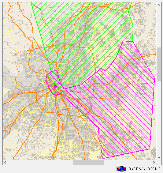 The system map showing a transfer point and two polygons.