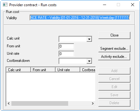 The Provider contract - Run costs dialog box showing no defined run costs.