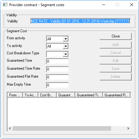 The Provider contract - Segment costs dialog box with no segement costs defined.