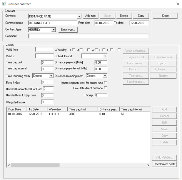 The Provider contract dialog box. A Contract called DISTANCE RATE with a Contract type of HOURLY is being defined.