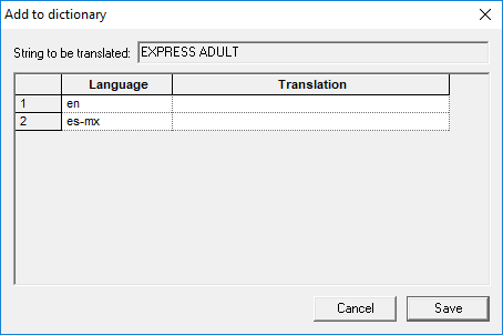 The Add to dictionary dialog box. It shows Language and Translation fields.