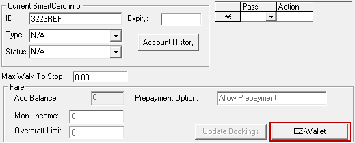 The Fare frame on Client Registration's Detail tab with the EZ-Wallet button circled in red.