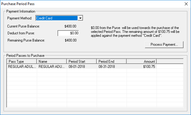 The Purchase Period Pass dialog box with two Period Passes to Purchase options listed.