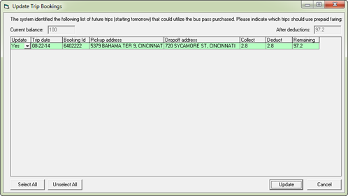 The Update Trip Bookings dialog box with one trip showing.
