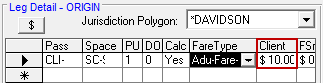 Trip Booking's Leg Detail frame with the Client fare amount circled in red.