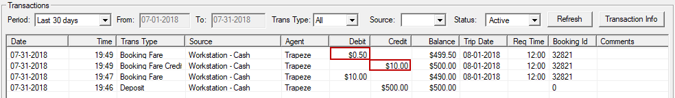 EZ-Wallet with the amount debited from the purse and amount credited to the purse circled in red.