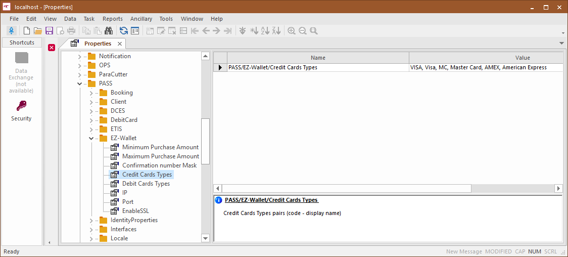 Trapeze6 properties (also called context properties), showing EZ-Wallet properties with Credit Card type highlighted.