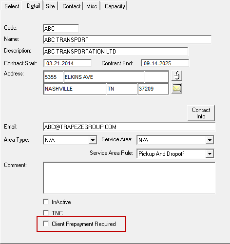 Providers ancillary data open to the Detail tab with the Client Prepayment Required check box circled in red.
