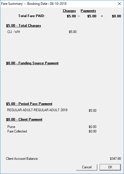 The Fare Summary dialog box. It includes a summary of the total charges, funding source payment, period pass payment, and client payment.
