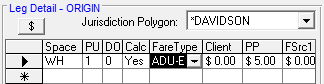 The Leg Detail frame in Trip Booking showing a client passenger type and associated fare type.