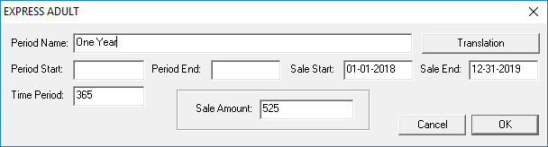A new pass (Express Adult) with Period Name, Sale Start, Sale End, Time Period, and Amount defined.