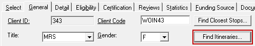 The Find Itineraries button on the General tab in PASS-CERT surrounded by a box.