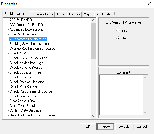 The Properties dialog box for user-defined properties open to the Booking Screen tab with the Auto Search FX Itineraries property highlighted.