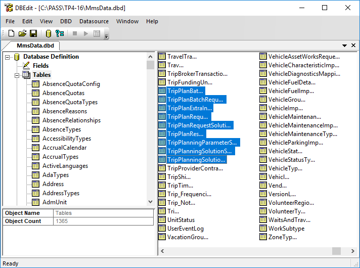 Tables required for PASS-IPA are highlighted in the MmsData.dbd file, which is open in DBEdit.