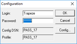 The dialog box with information typed in the Login and Password fields, and information populated in the Config DSN and Profile fields.