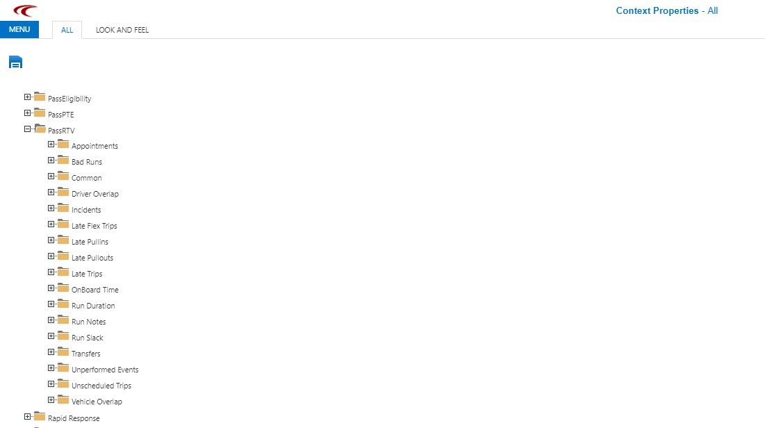 Context Properties showing an open PassRTV folder and an open Unperformed Events folder and the properties contained within it.