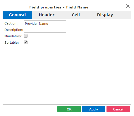 The Field properties dialog box open to the General tab. Caption, Description, Mandatory, and Sortable fields are visible.