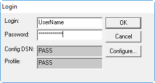 The Login dialog box shows the Login, Password, Config DSN, and Profile fields.