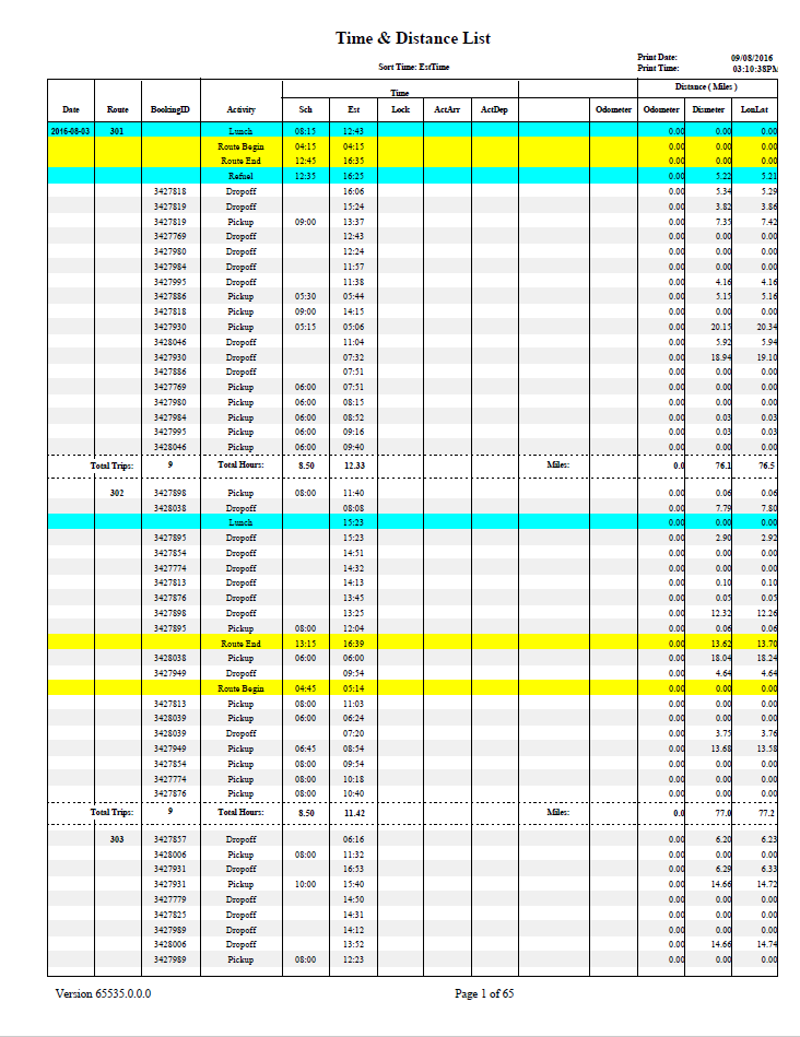 The Time and Distance List report.