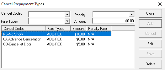 The Cancel Prepayment Types dialog box showing penalty information for three Cancel Codes.