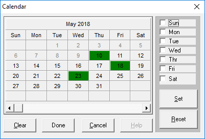 The Calendar dialog box with three selected calendar dates.