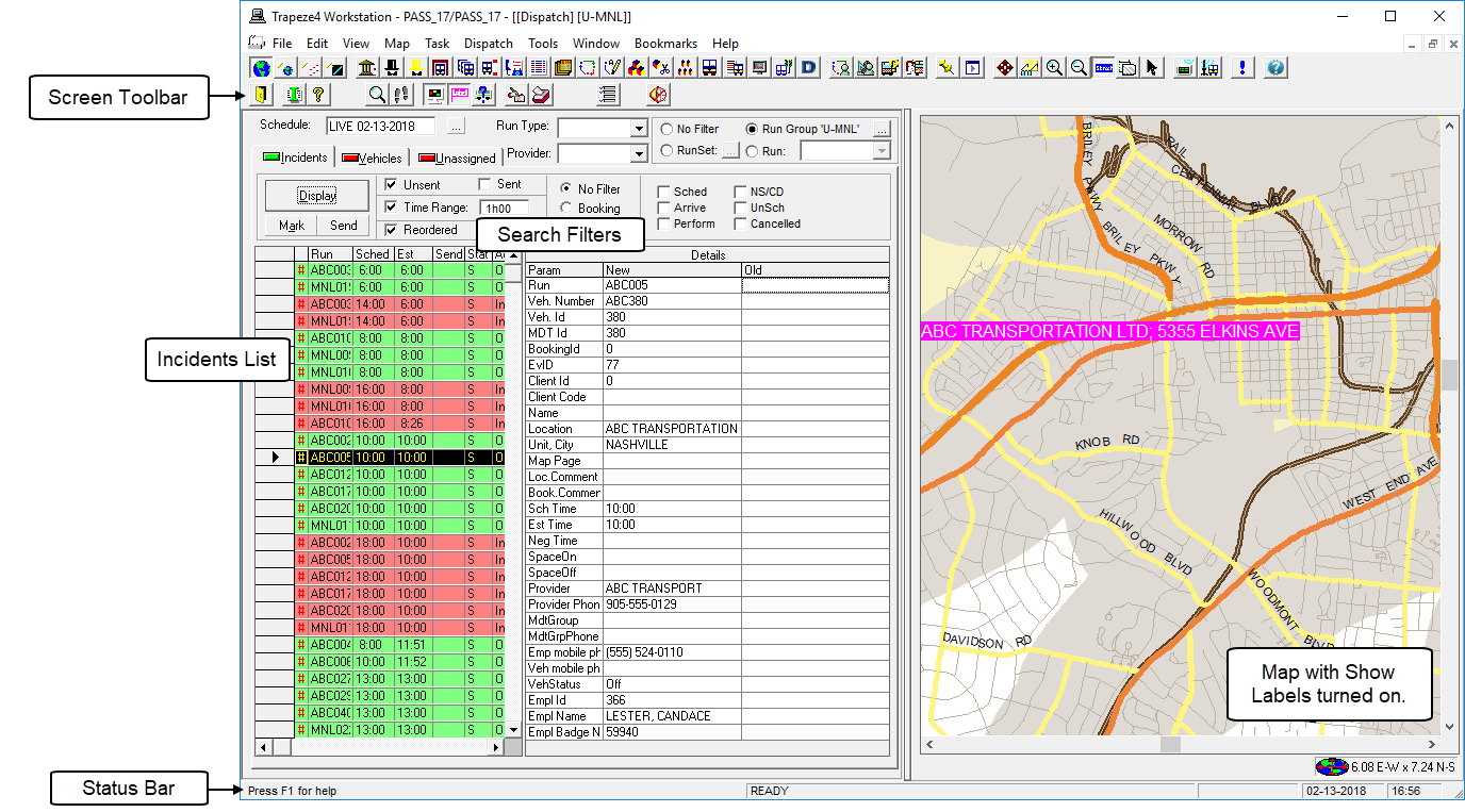 Dispatch with call-outs for the Screen Toolbar, Search Filters, Incidents List, Status Bar, and the system map with Show Labels turned on.