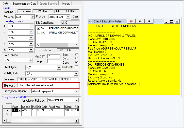 In Trip Booking, the Detail tab is visible with the Elig com field circled in red, and the Client Eligibility Rules dialog box is visible with the Comments field circled in red. Comments are the same in both fields.