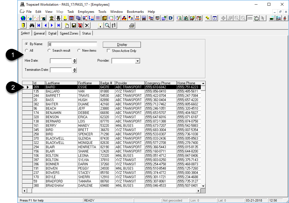 The Select tab in Employees with numbered call-outs. The call-outs are defined below the image.