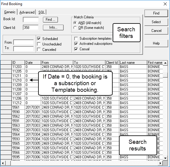 The Find Booking dialog box with labels that indicate where the search filters and search results are, and that if the date column contains a 0, the booking is a subscription or Template booking.