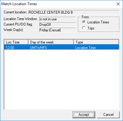 The Match Location Times dialog box shows options for the common location ROCHELLE CENTER BLDG B based on Location Times.