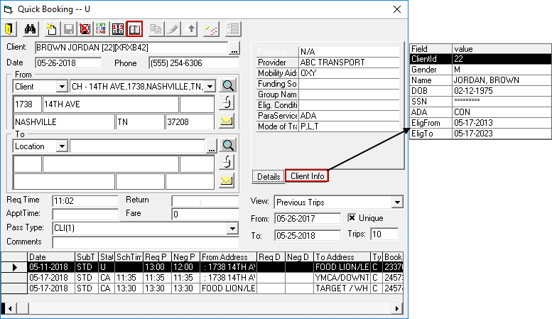 The Quick Booking dialog box with the Client Info tab circled in red and an arrow pointing to the fields visible on the Client Info tab.