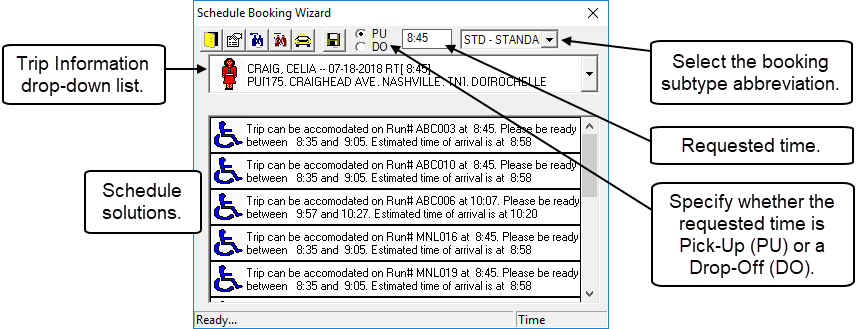 The Quick Schedule Booking Wizard with call-outs for the trip information drop-down list, schedules solutions, booking subtype abbreviation, requested time, and pick-up and drop-off options.