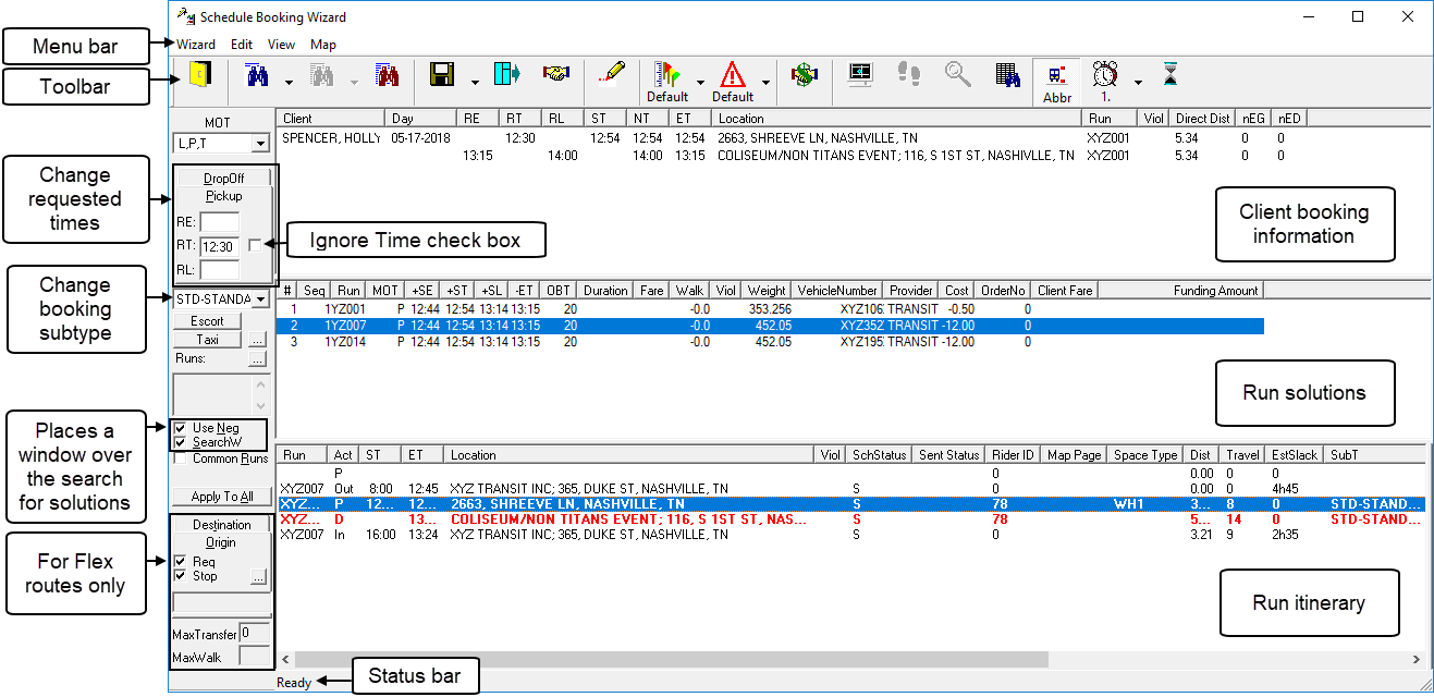 Call-out image that includes arrows describing different parts of the Schedule Booking Wizard.