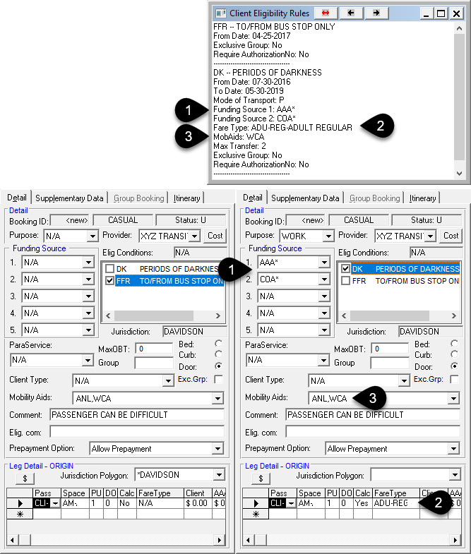 The Client Eligibility Rules dialog box and the Detail tab in Trip Booking showing how the funding source, mobility aid, and fare type rules are applied to a trip being booked. The Detail tab is shown for two different rules.