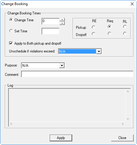 The Change Booking dialog box with Apply to Both pickup and dropoff selected and Unschedule if violations exceed set to N/A.