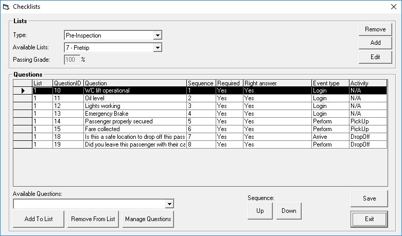 The Check Lists dialog box. It shows the Type as Pre-Inspection, the Available Lists as 7 - Pretrip, and Questions about oil level, emergency brake, and WC lift operational.