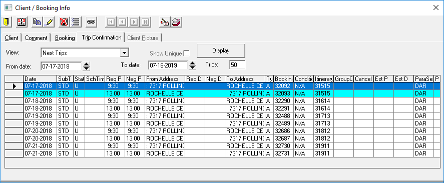 The Client / Booking Info dialog box open to the Trip Confirmation tab. Next Trips are being viewed.