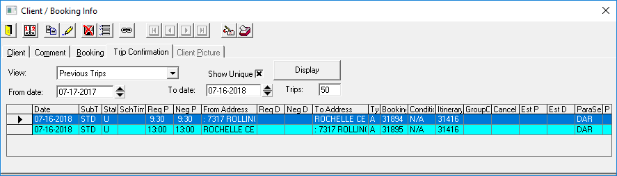 The Client / Booking Info dialog box open to the Trip Confirmation tab. Previous Trips are being viewed.