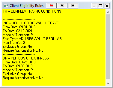 The Client Eligibility Rules dialog box shows three different eligibility rules: TR, INC, and DK.