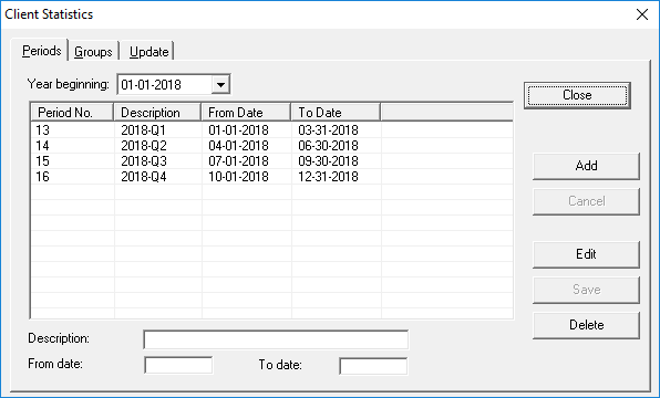 Client Statistics dialog box with a Year beginning selected and four Period Nos showing.