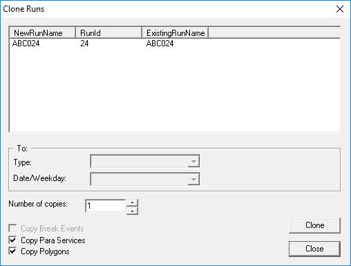 The Clone Runs dialog box with RunId 24 selected for cloning.