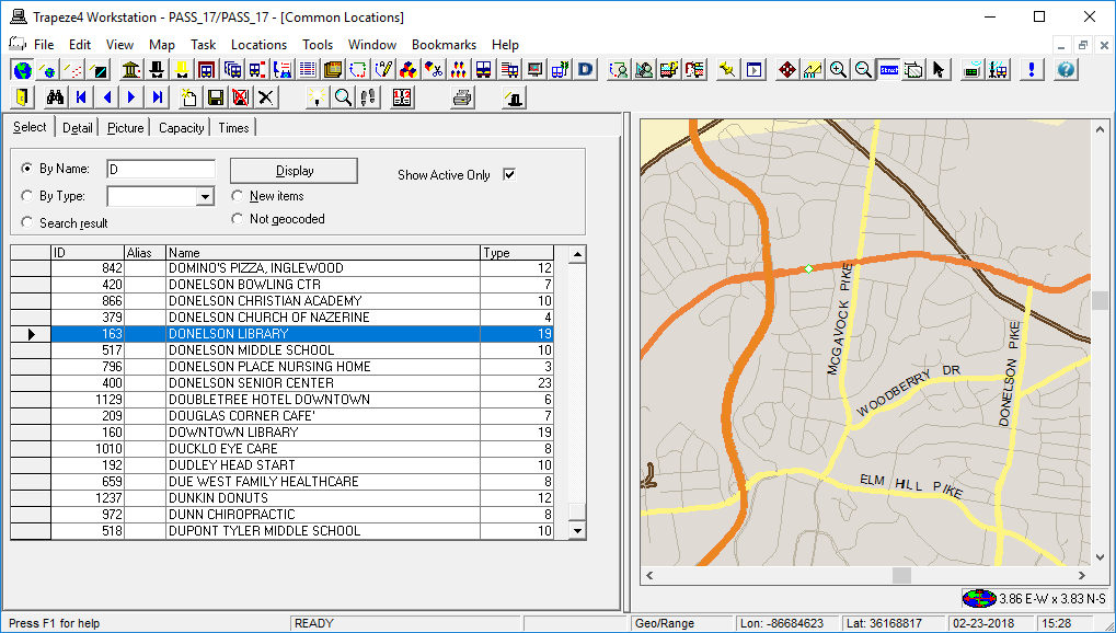 Common Locations open to the Select tab. A green square is visible on the map. It corresponds to the address of the selected Common Location.