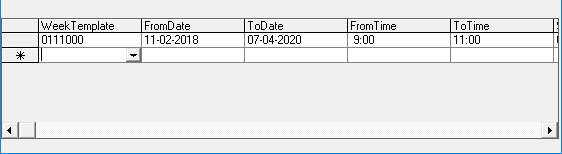 Lower grid with the cursor in the Week Template column in the second row.