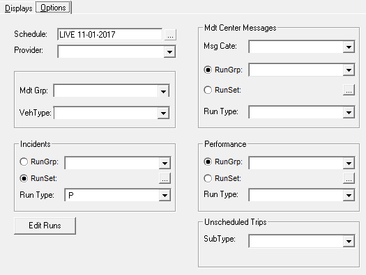 The Options tab. The Incidents Run Type filter is set to P.