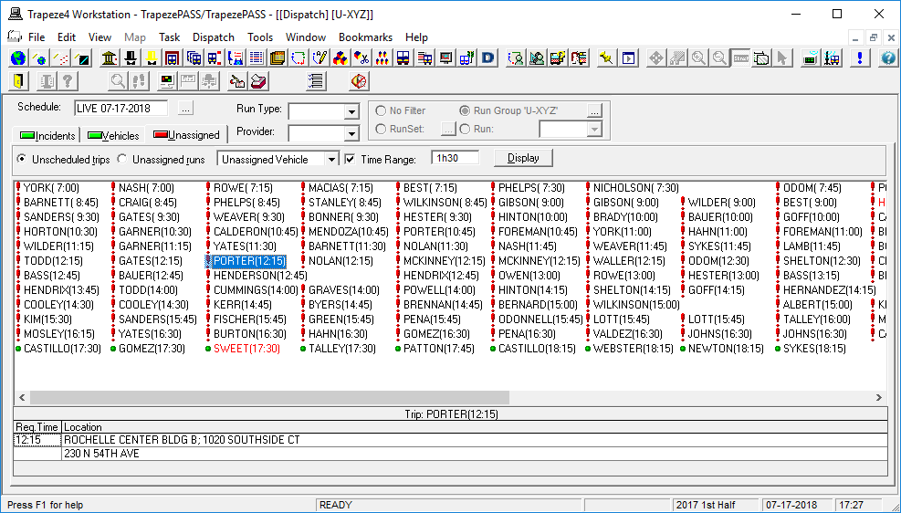 The Unassigned tab, showing Unscheduled trips for a specific Time Range.