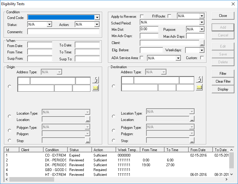 The Eligibility Tests dialog box. All fields are cleared, but some example conditions are shown in the grid.